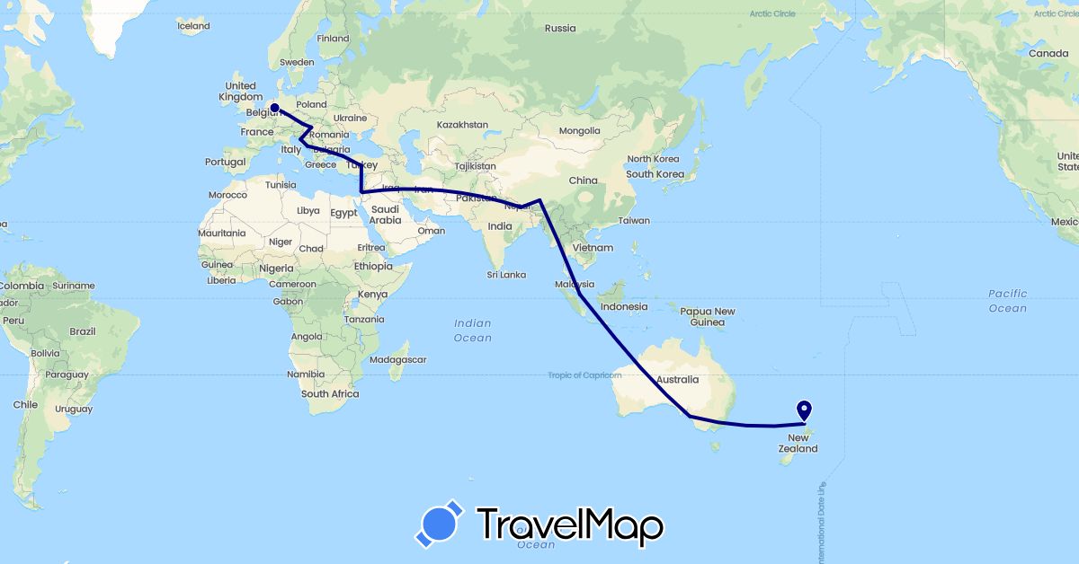 TravelMap itinerary: driving in Austria, Australia, Bosnia and Herzegovina, China, Germany, Croatia, Hungary, Israel, Nepal, New Zealand, Singapore, Turkey (Asia, Europe, Oceania)